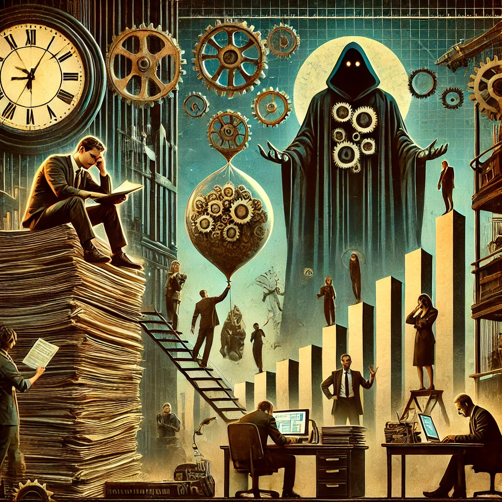 An image in a neo-gothic retro-futuristic style representing Parkinson's Law with people affected by procrastination and task inflation. Show individuals in a dark, dystopian office setting, overwhelmed by towering stacks of paperwork and ominous clocks. Their expressions are grim and stressed, with a sense of despair. The background features a blend of gothic architecture and futuristic elements, like gears and mechanical parts. A large balloon represents inflated tasks, growing larger over time, and a shadowy figure looms over the workers, symbolizing the pressure of deadlines.